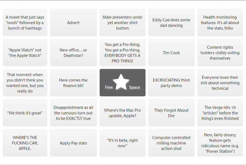 Apple Keynote Bingo