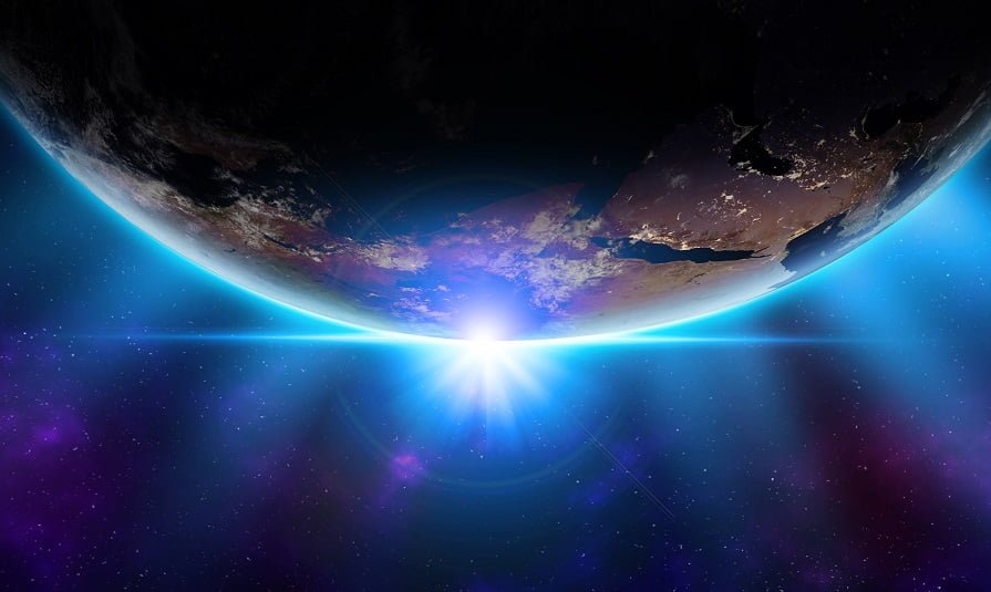 Quantum money - Planet earth from the space at night horizon and stars. Elements