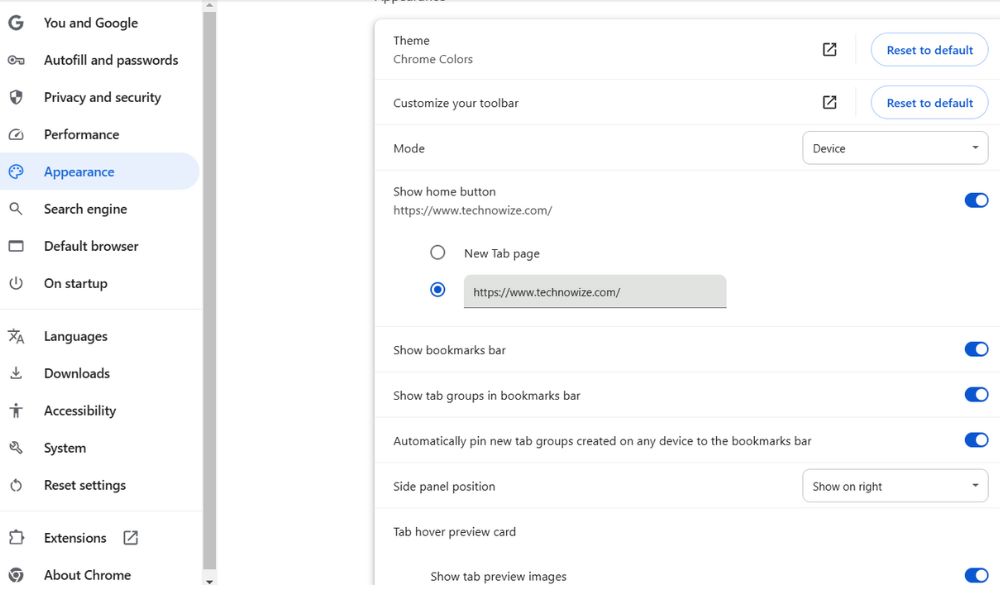 _Chrome start page settings